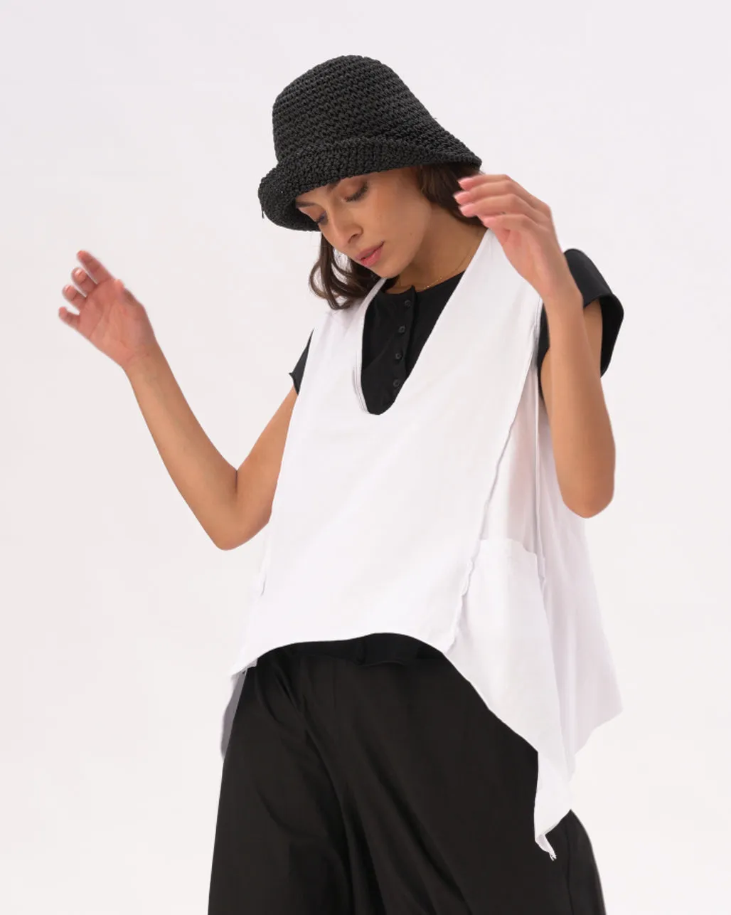 V-Neck Asysemtrical Cotton Pocket Shirt