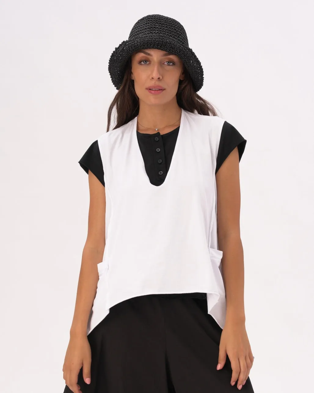 V-Neck Asysemtrical Cotton Pocket Shirt