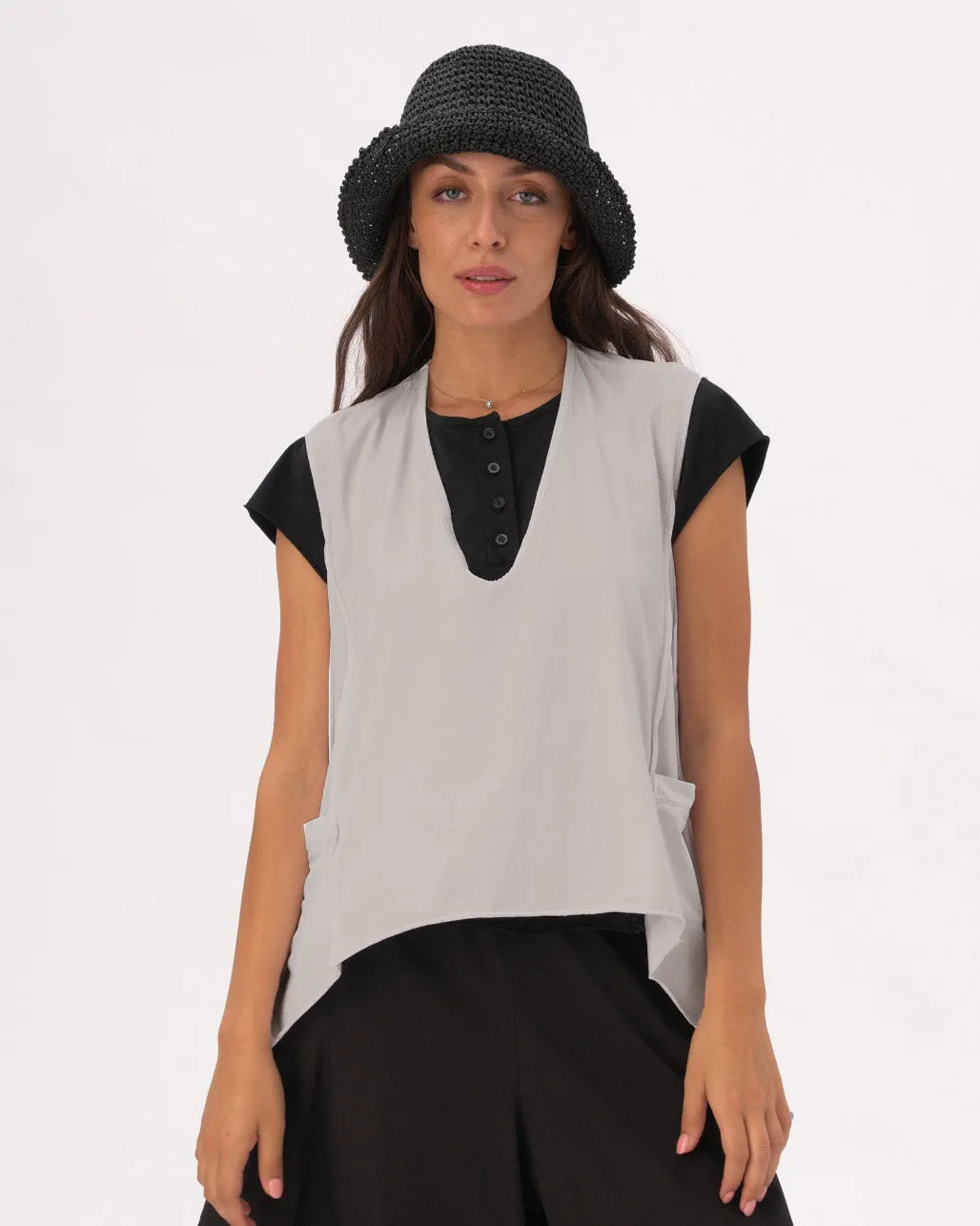 V-Neck Asysemtrical Cotton Pocket Shirt
