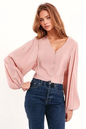 V-neck Cropped Shirt With Super Voluminous Sleeves in Pink