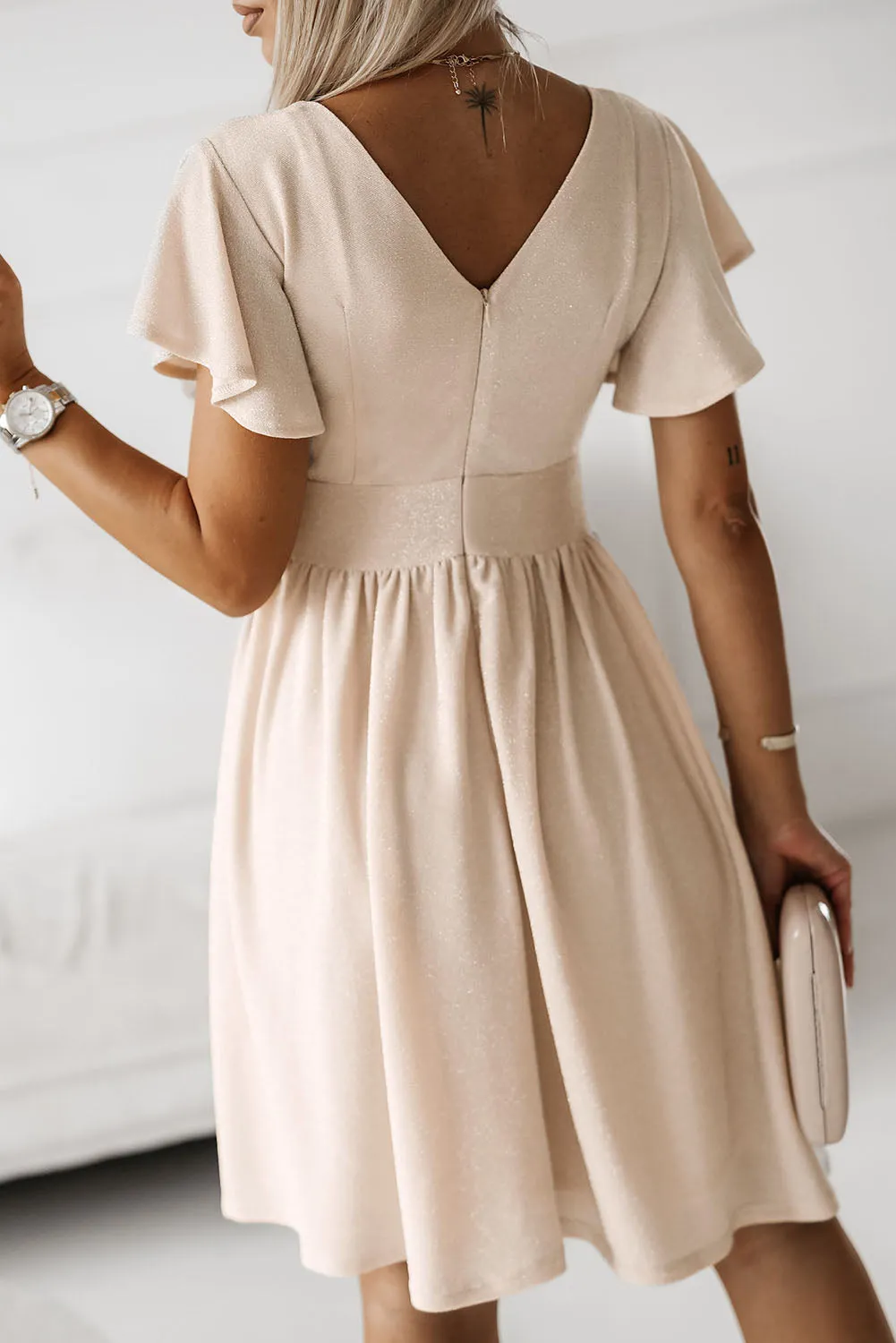 V Neck Wrap Midi Dress with Ruched Waist and Flutter Sleeves