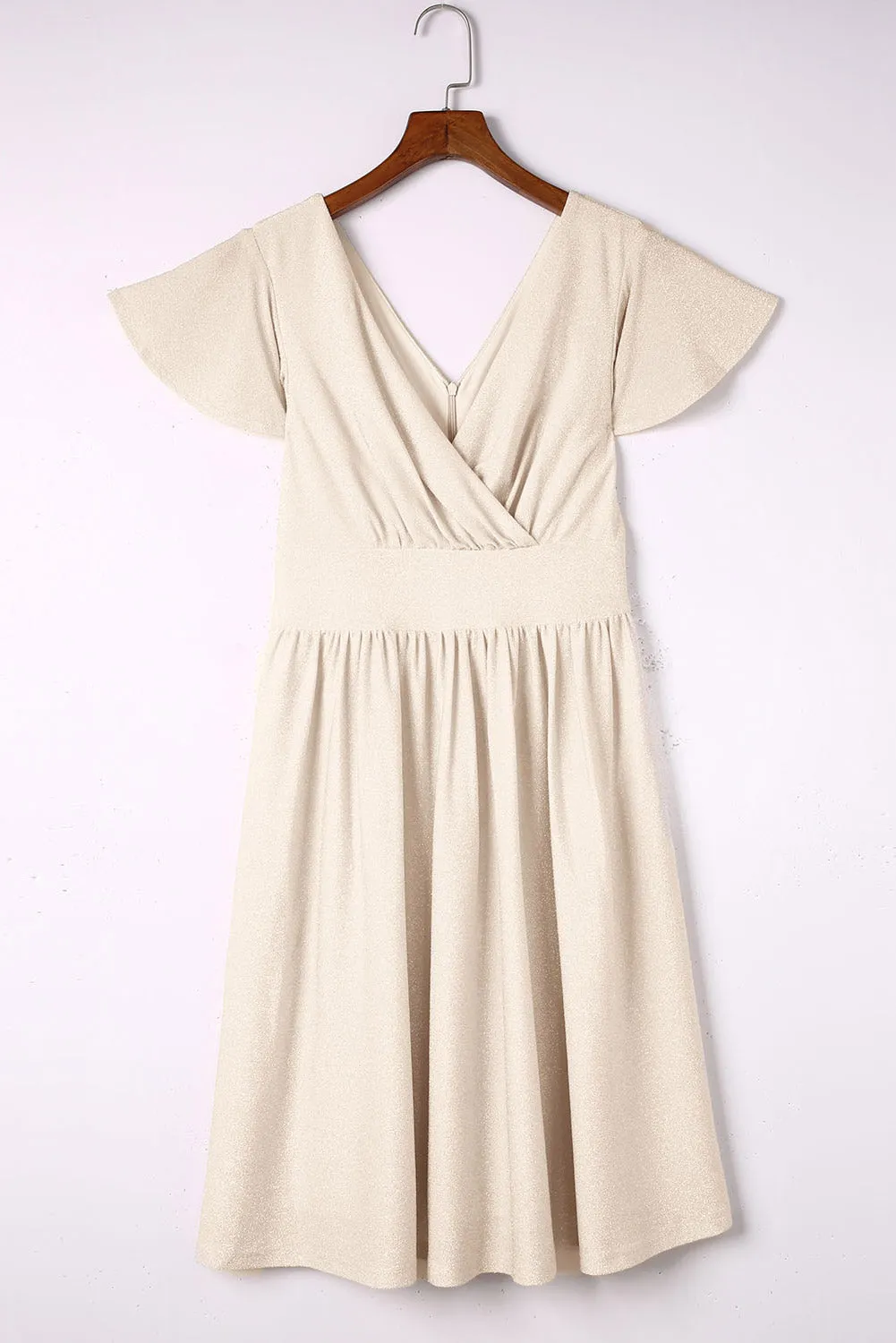 V Neck Wrap Midi Dress with Ruched Waist and Flutter Sleeves