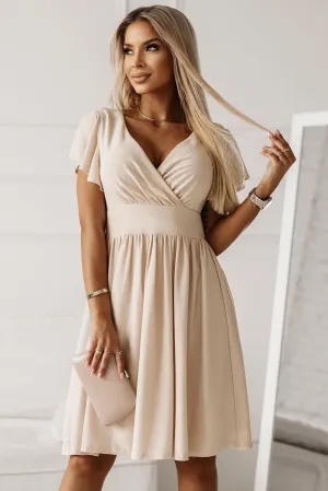 V Neck Wrap Midi Dress with Ruched Waist and Flutter Sleeves