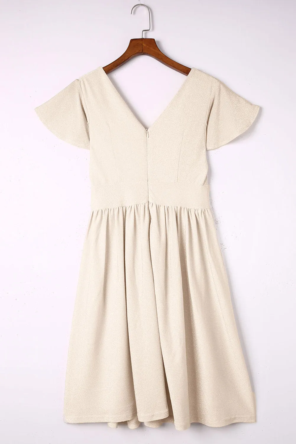 V Neck Wrap Midi Dress with Ruched Waist and Flutter Sleeves