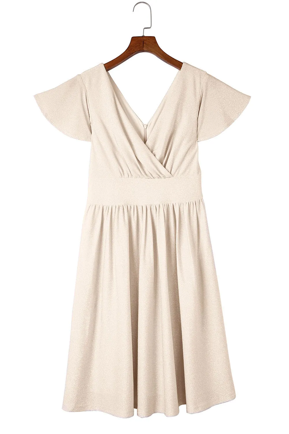 V Neck Wrap Midi Dress with Ruched Waist and Flutter Sleeves
