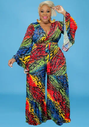 Vibrant Multicolor Bell Sleeve Wrap Top and Wide-Leg Pants Set