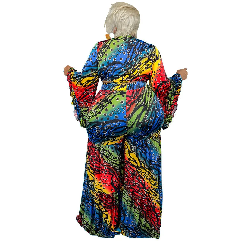 Vibrant Multicolor Bell Sleeve Wrap Top and Wide-Leg Pants Set