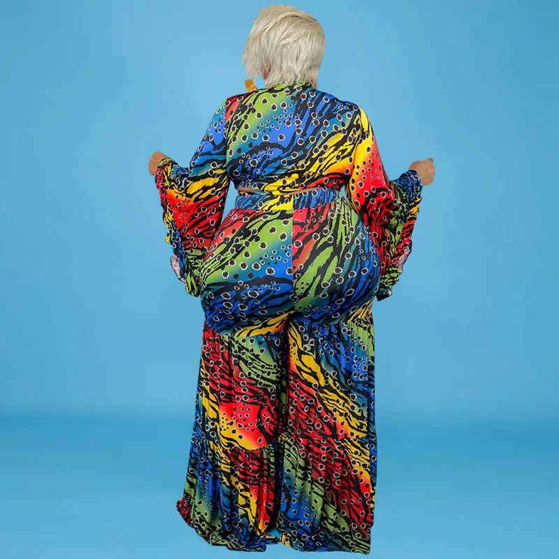 Vibrant Multicolor Bell Sleeve Wrap Top and Wide-Leg Pants Set