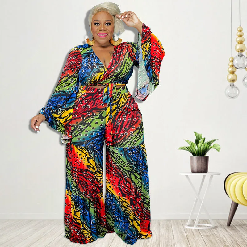 Vibrant Multicolor Bell Sleeve Wrap Top and Wide-Leg Pants Set