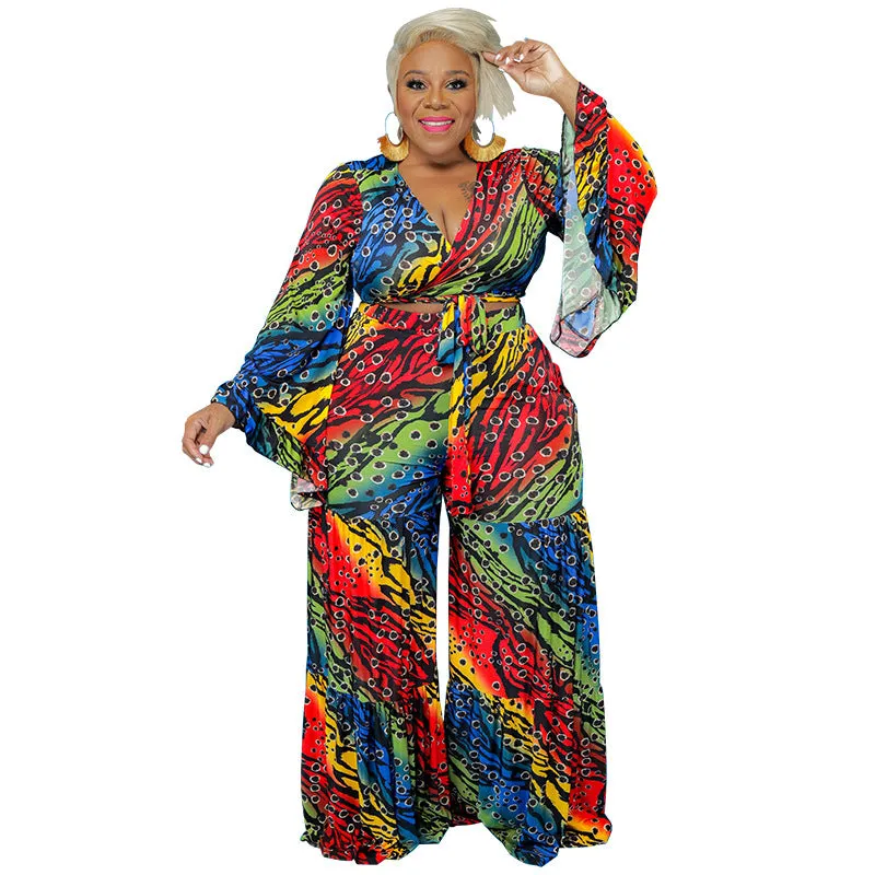 Vibrant Multicolor Bell Sleeve Wrap Top and Wide-Leg Pants Set