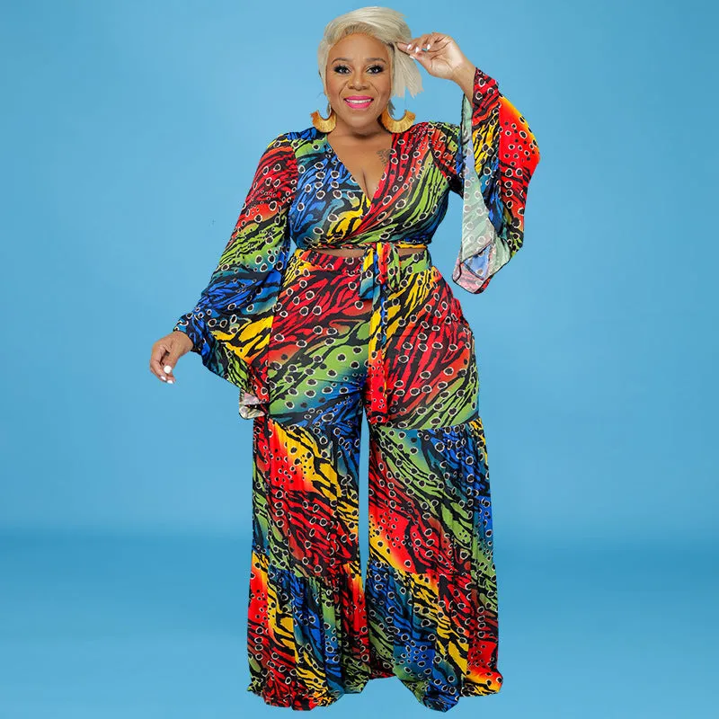 Vibrant Multicolor Bell Sleeve Wrap Top and Wide-Leg Pants Set