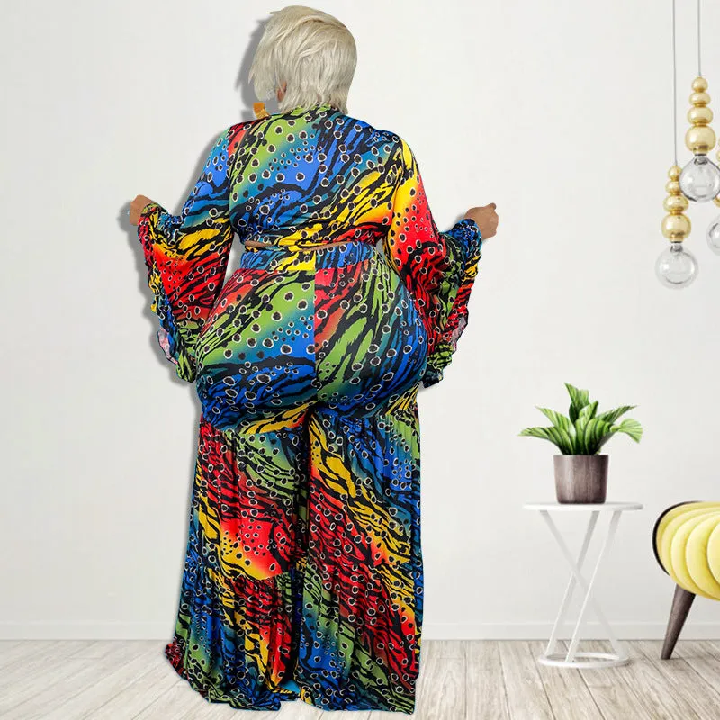 Vibrant Multicolor Bell Sleeve Wrap Top and Wide-Leg Pants Set
