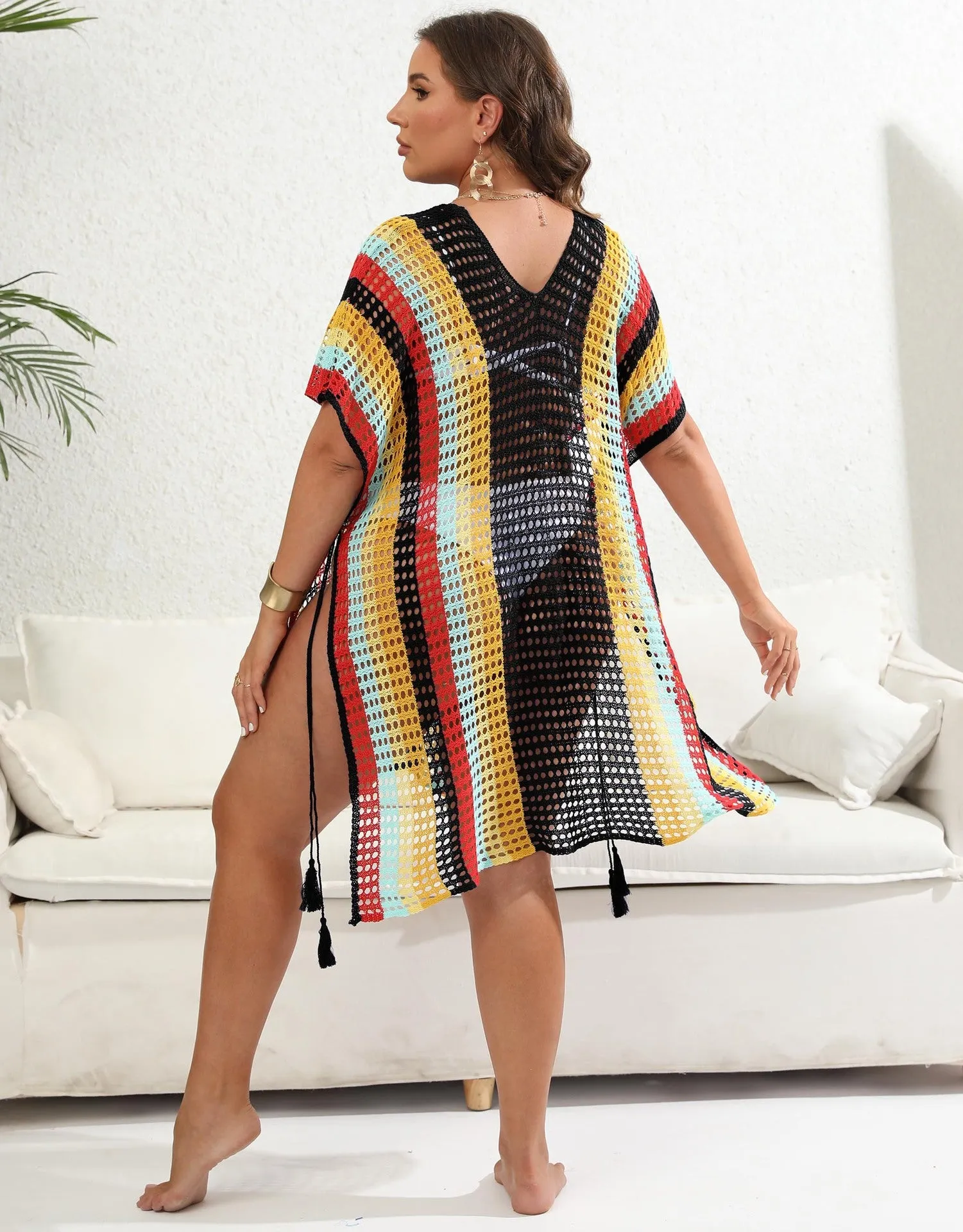 Vibrant Striped Crochet Knit Cover-Up Dress with Tassel Details
