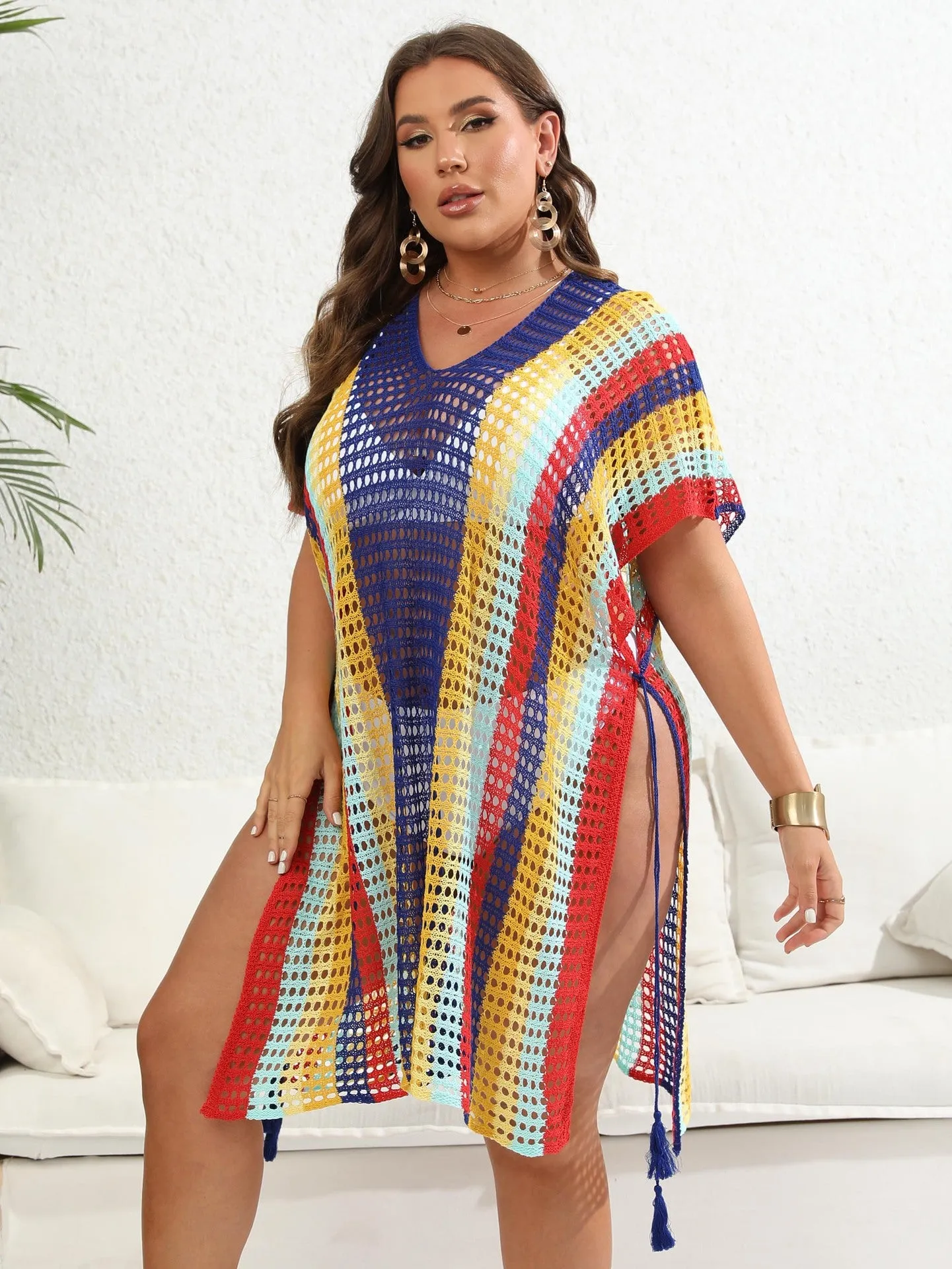 Vibrant Striped Crochet Knit Cover-Up Dress with Tassel Details