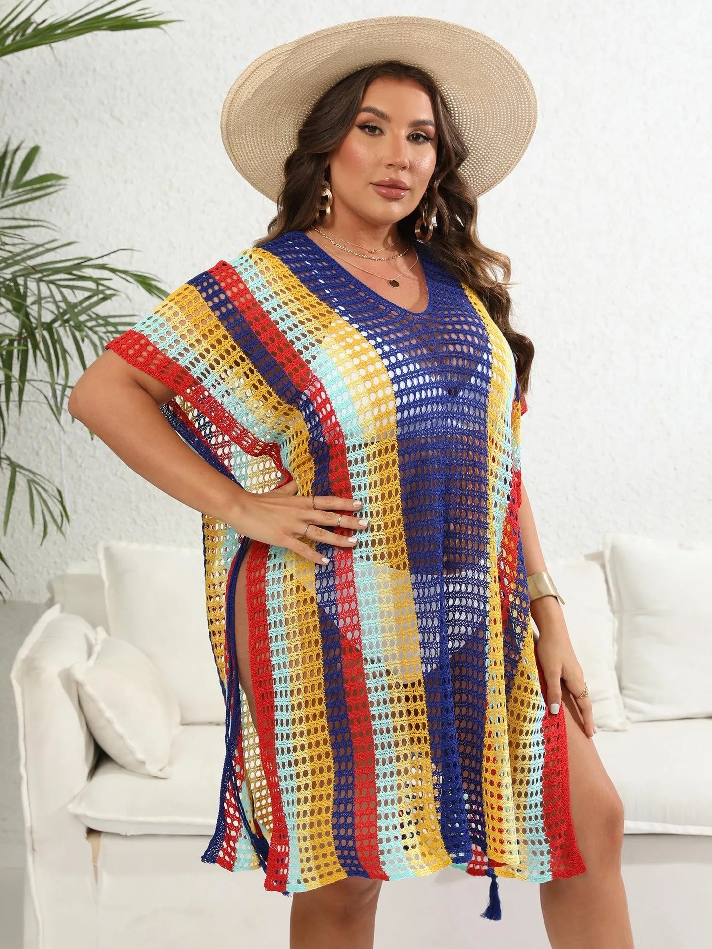 Vibrant Striped Crochet Knit Cover-Up Dress with Tassel Details