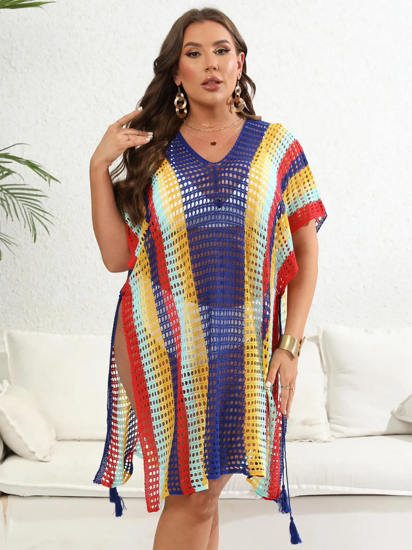Vibrant Striped Crochet Knit Cover-Up Dress with Tassel Details