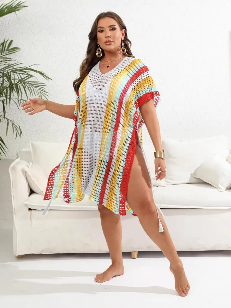 Vibrant Striped Crochet Knit Cover-Up Dress with Tassel Details