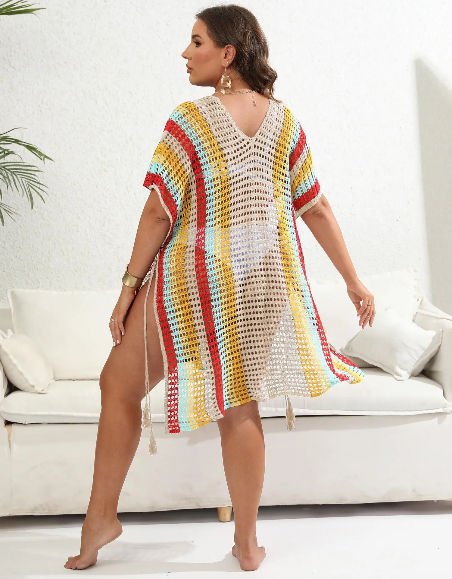 Vibrant Striped Crochet Knit Cover-Up Dress with Tassel Details