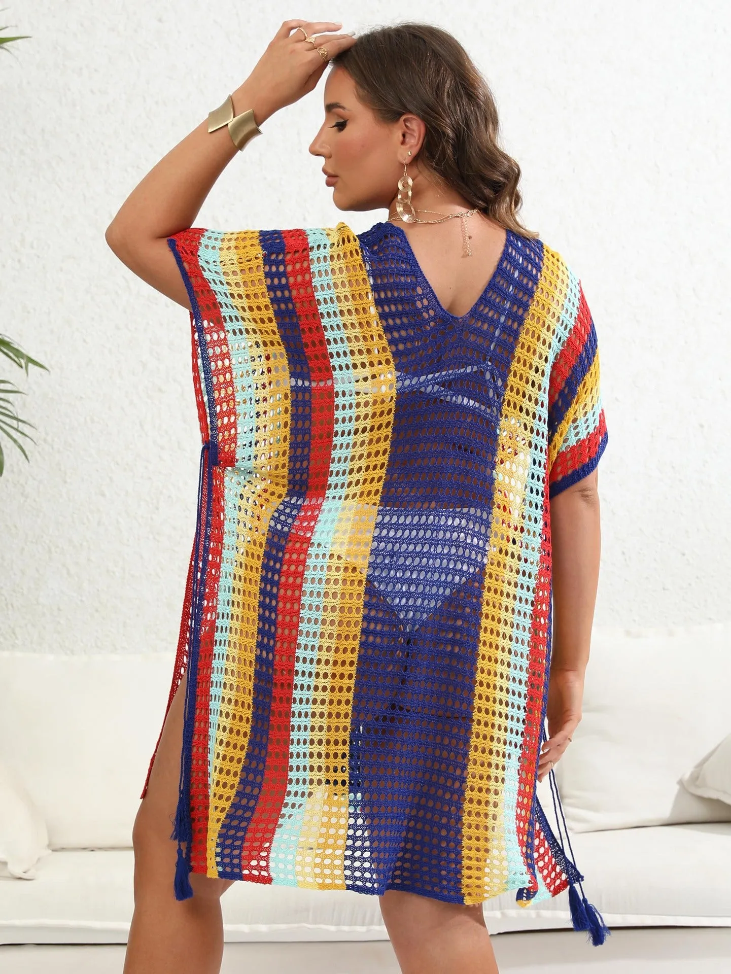 Vibrant Striped Crochet Knit Cover-Up Dress with Tassel Details