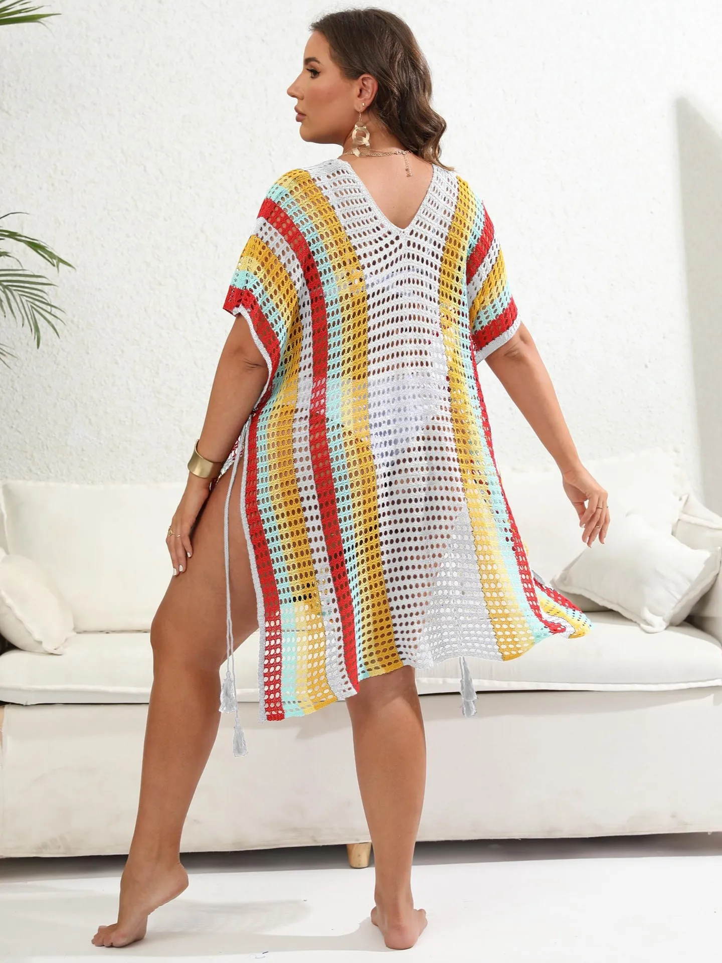 Vibrant Striped Crochet Knit Cover-Up Dress with Tassel Details