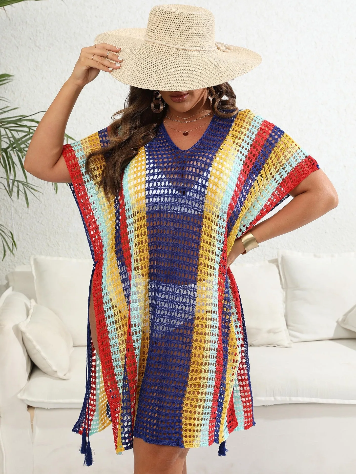 Vibrant Striped Crochet Knit Cover-Up Dress with Tassel Details