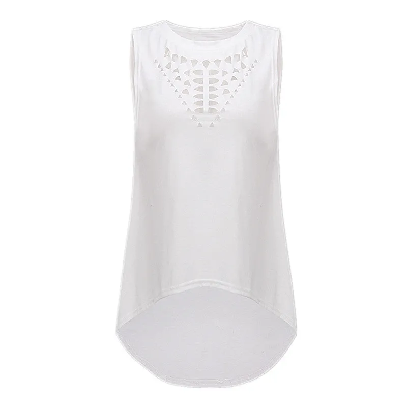 Vintage Hollow Out Blouse Casual Sleeveless Loose Black Tops Oversized S-4XL WomenShirt