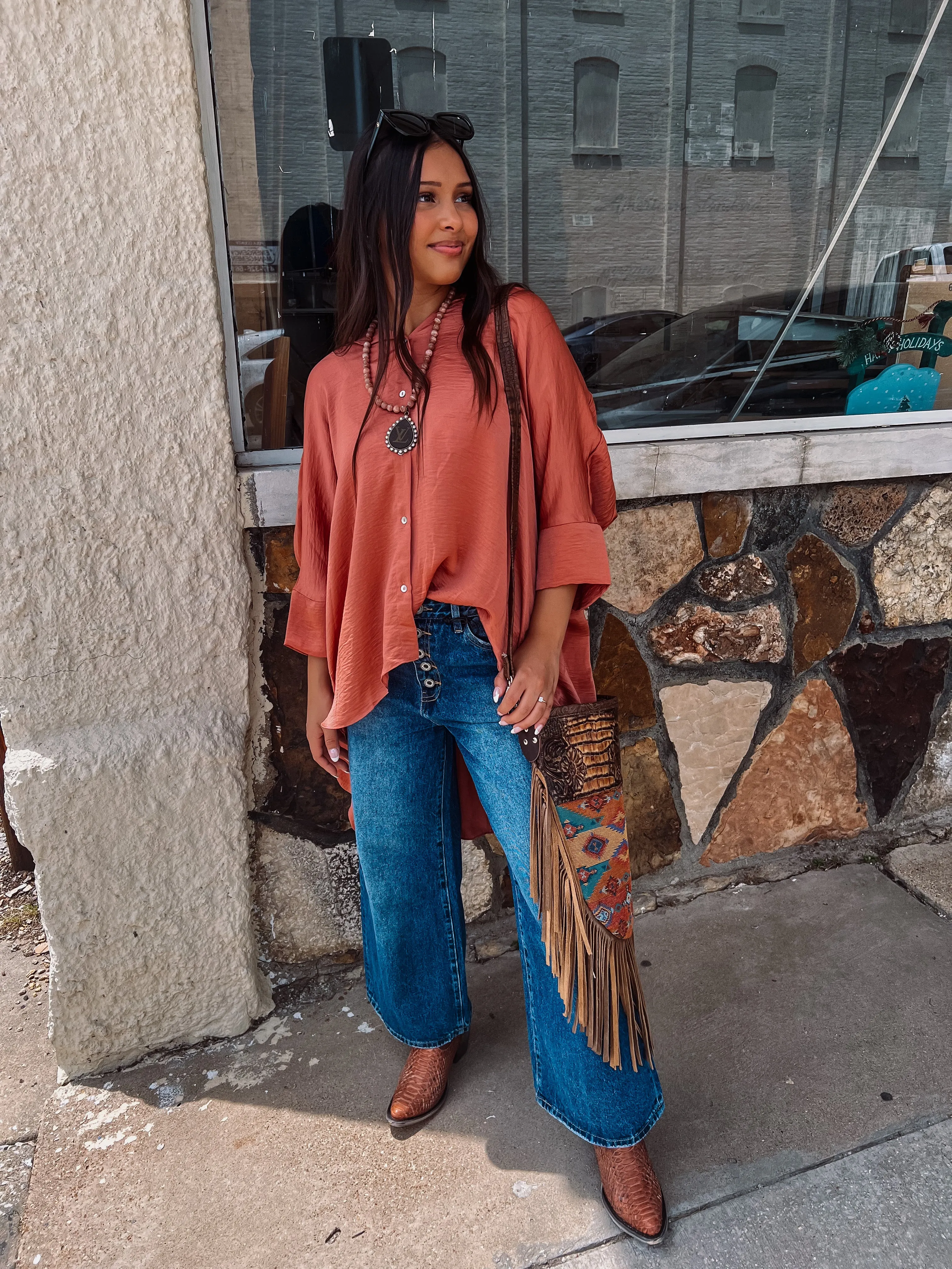 Washed Satin Button Down Loose Top