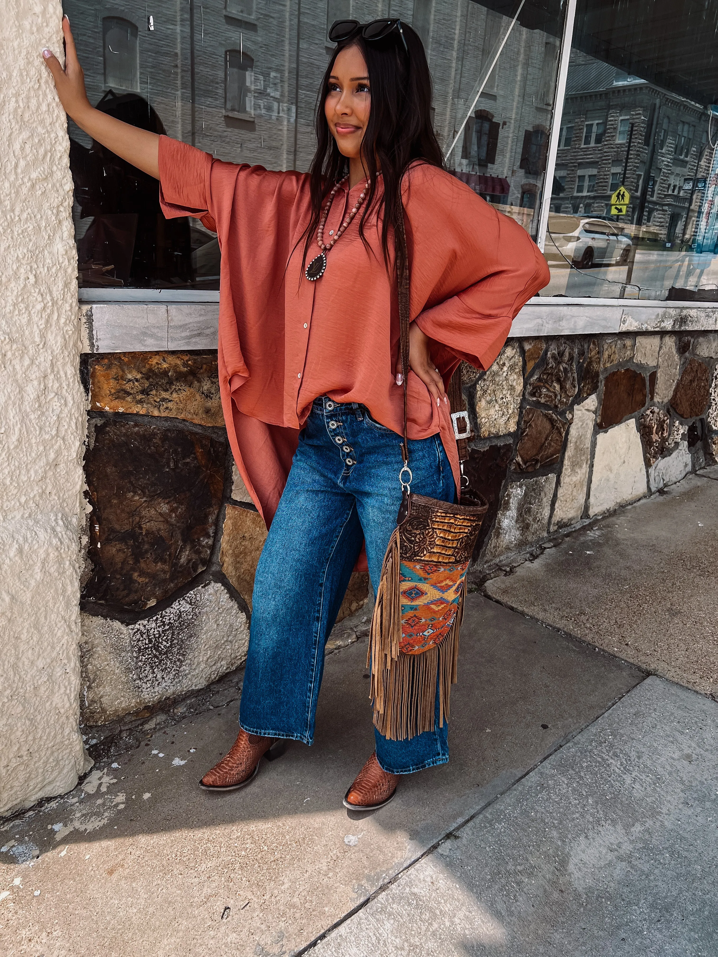 Washed Satin Button Down Loose Top