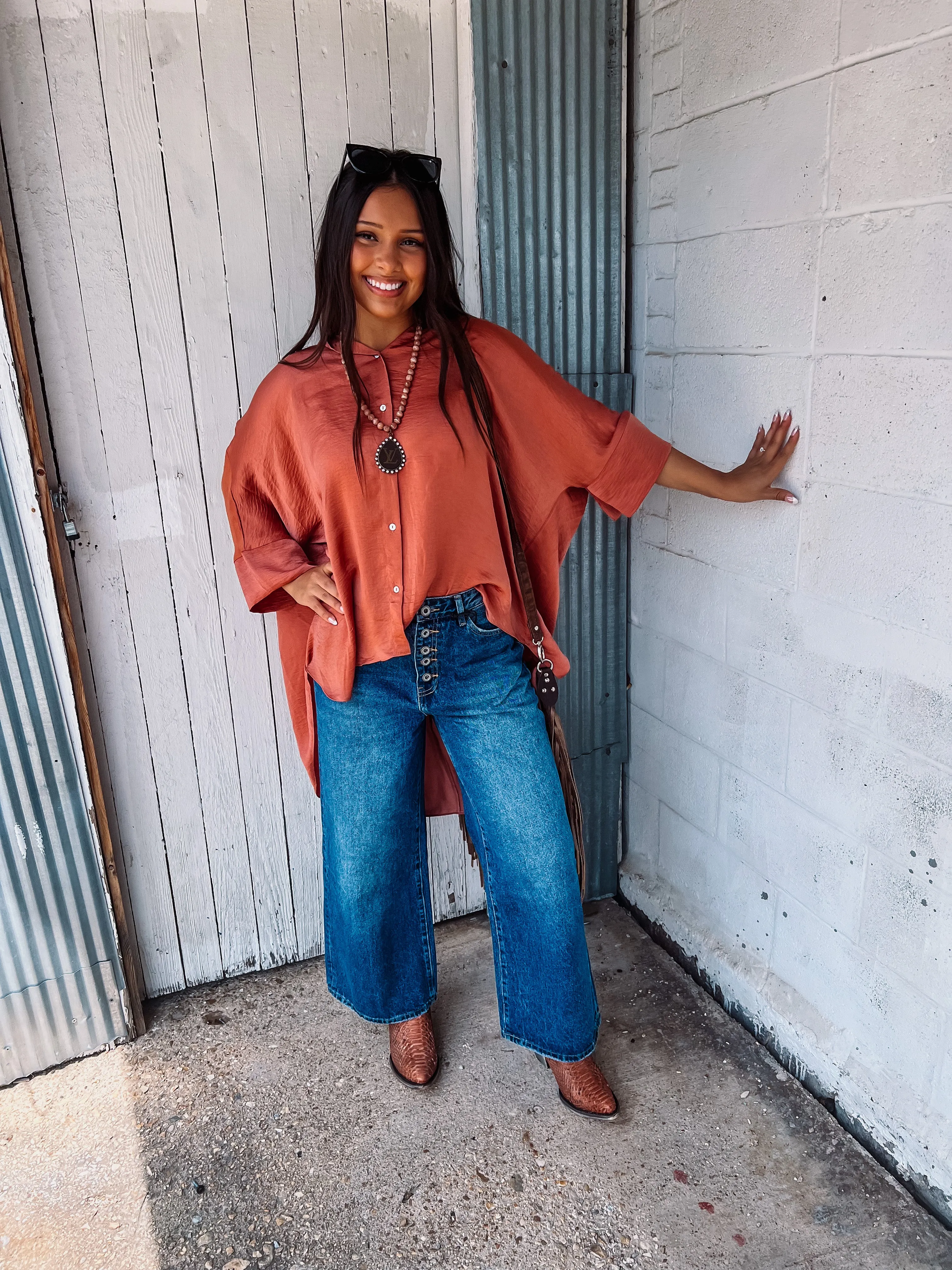 Washed Satin Button Down Loose Top