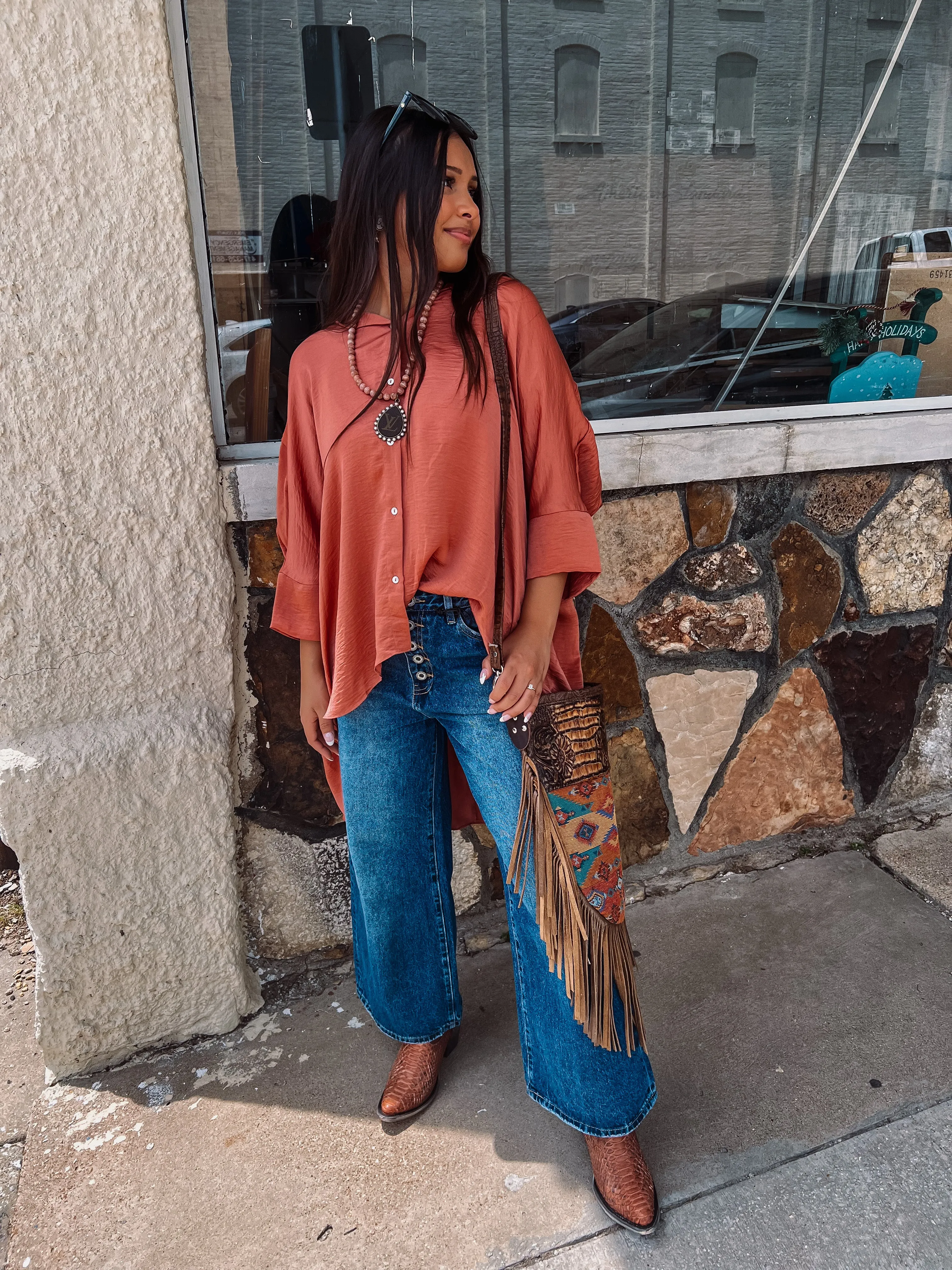 Washed Satin Button Down Loose Top