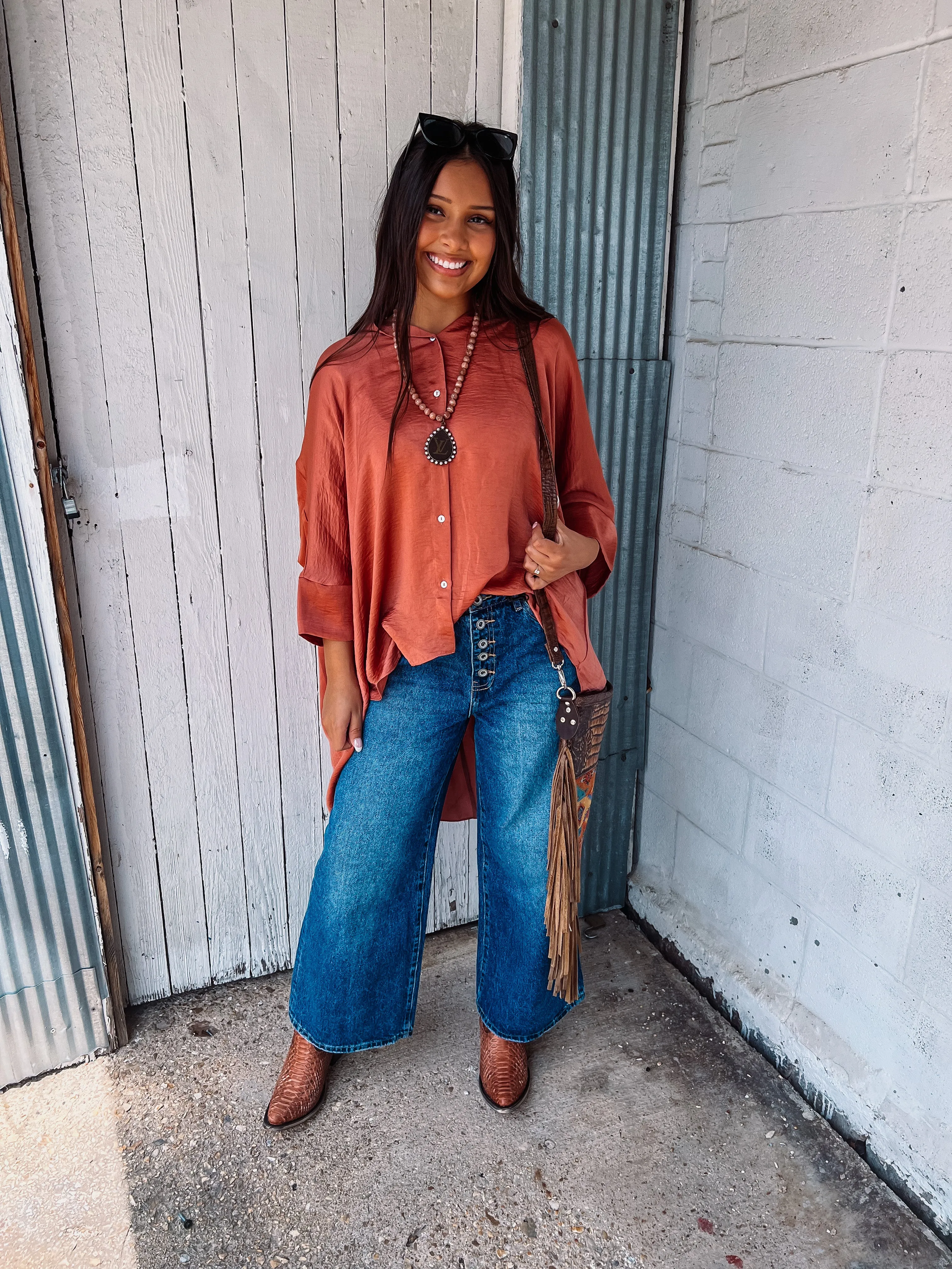 Washed Satin Button Down Loose Top