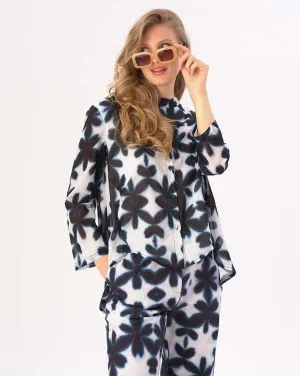 Watercolor Big Floral Band Collar Buttoned Blouse