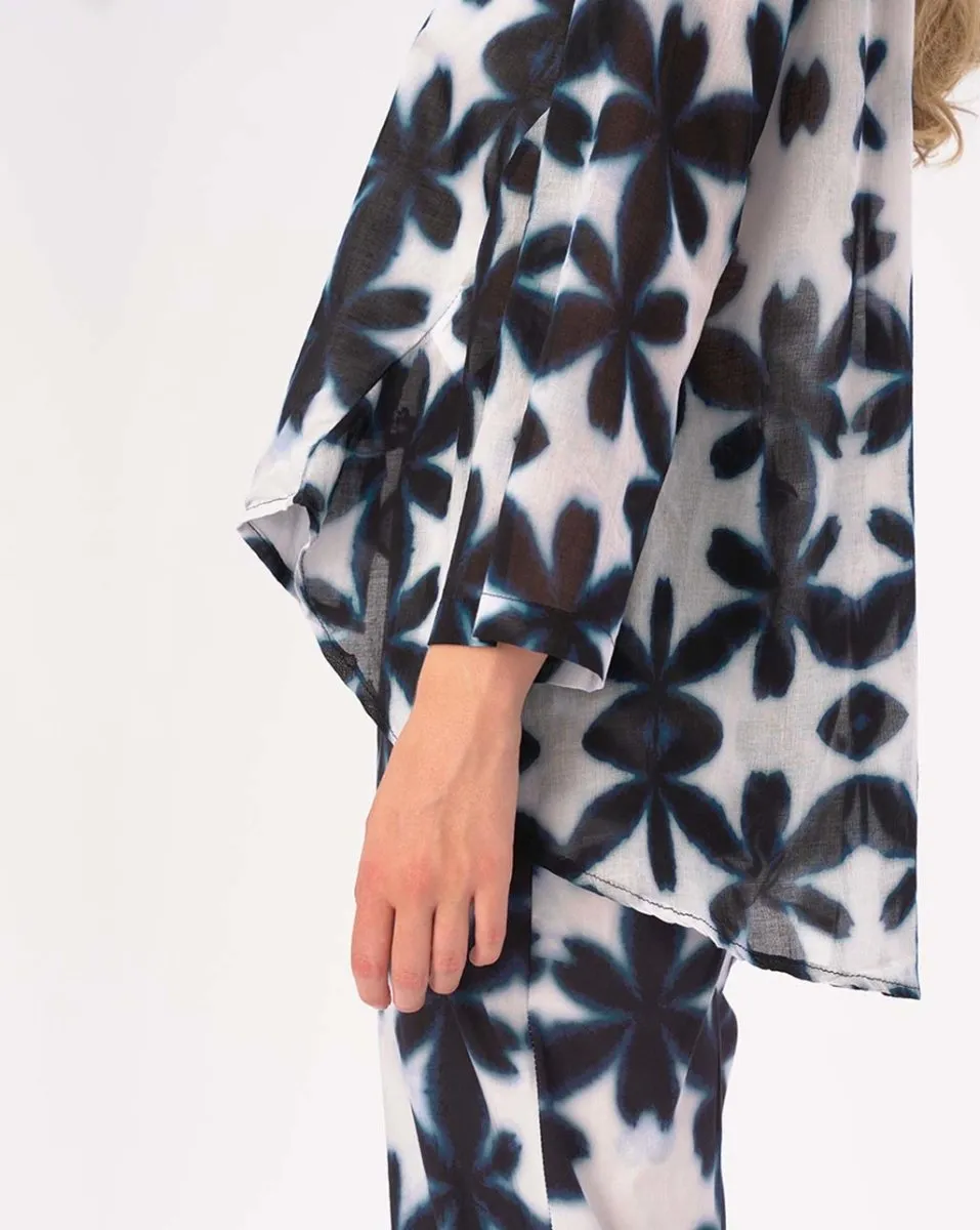 Watercolor Big Floral Band Collar Buttoned Blouse