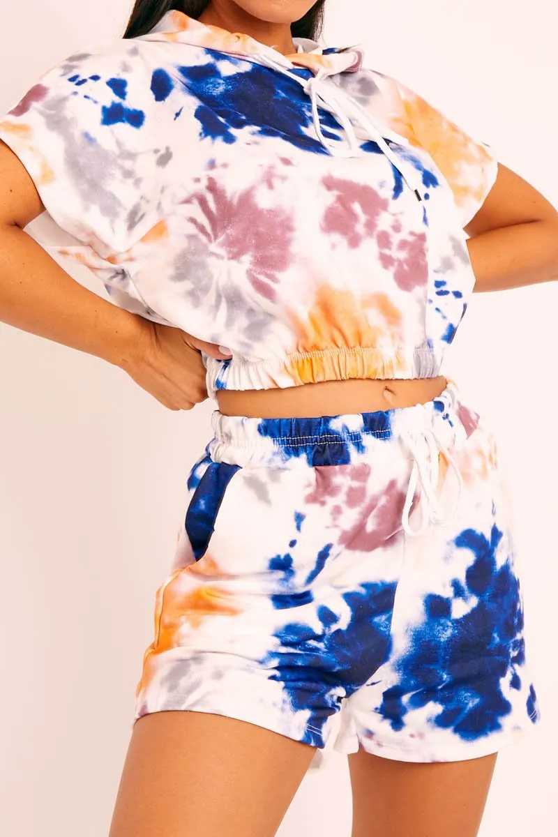 White Blue Tie-Dye Hoodie and Shorts Loungewear Co-ord - Makaia