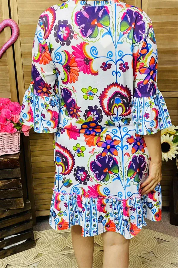 White Dress with Red & Blue floral designs
