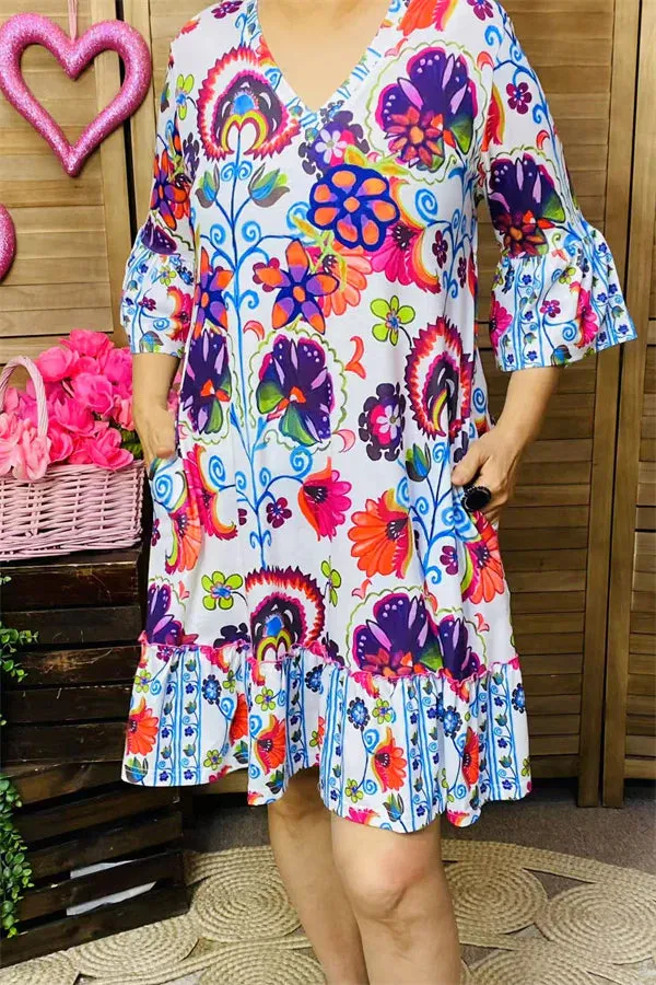 White Dress with Red & Blue floral designs