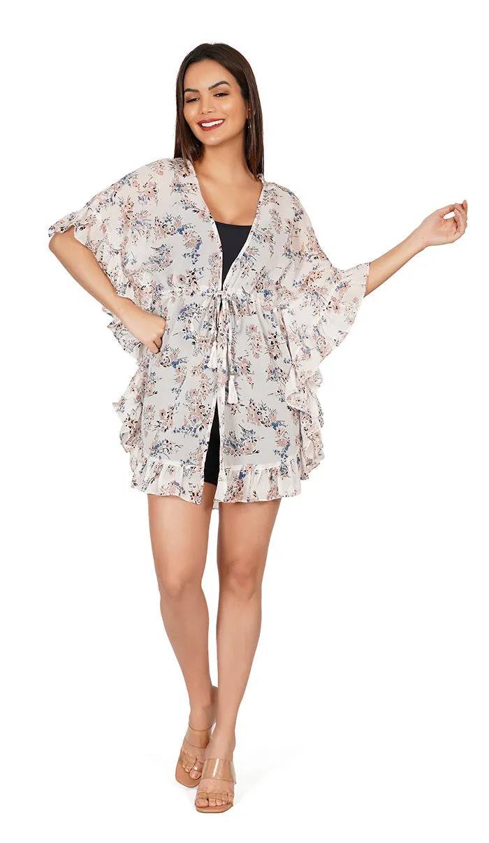 White Floral Kaftan Style Swimsuit Cover Up Beach Dress