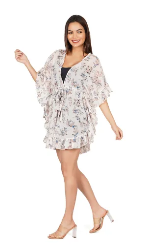 White Floral Kaftan Style Swimsuit Cover Up Beach Dress