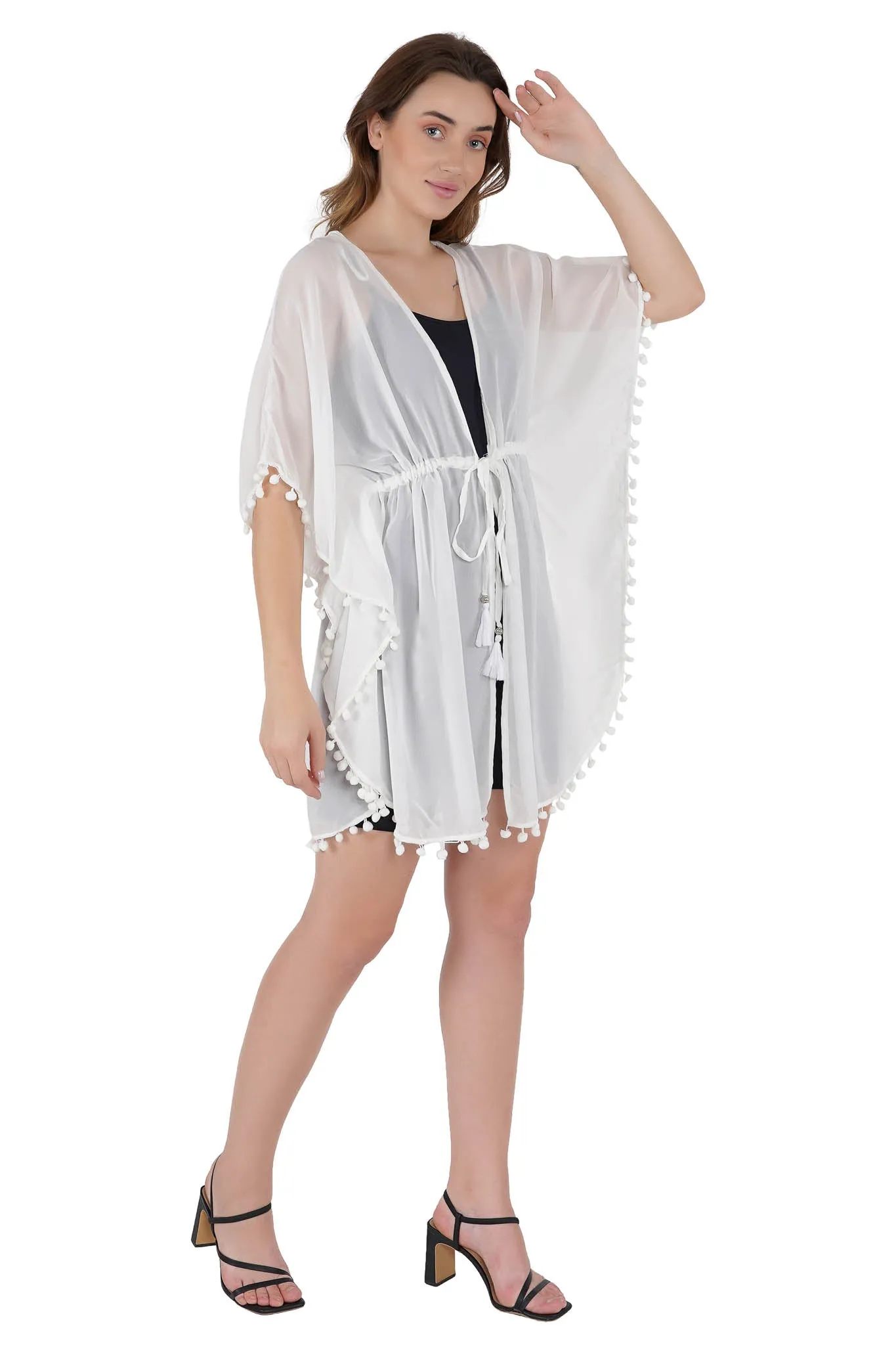 White Pom-Pom Kaftan Swim Cover-Up Beach Dress