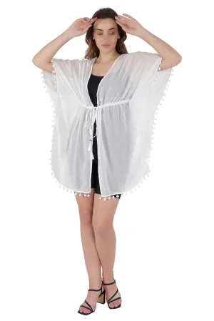 White Pom-Pom Kaftan Swim Cover-Up Beach Dress
