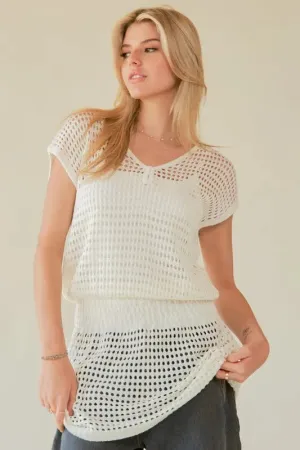 White V Neck Cap Sleeve Knit Cover Up
