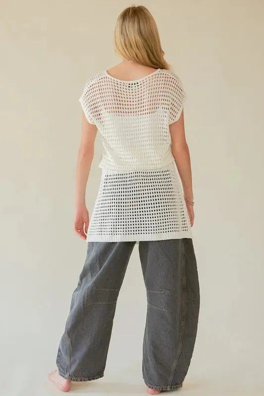 White V Neck Cap Sleeve Knit Cover Up