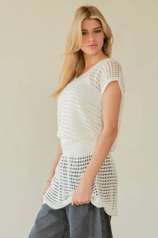 White V Neck Cap Sleeve Knit Cover Up