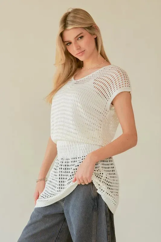 White V Neck Cap Sleeve Knit Cover Up
