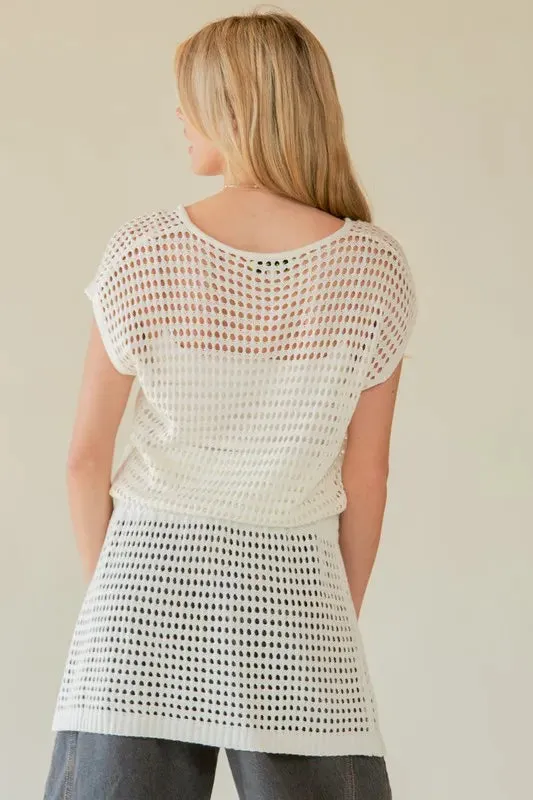 White V Neck Cap Sleeve Knit Cover Up