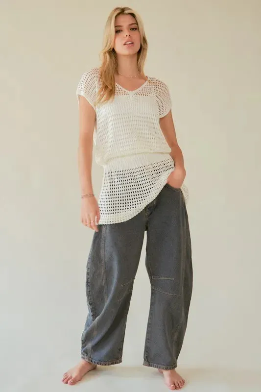 White V Neck Cap Sleeve Knit Cover Up