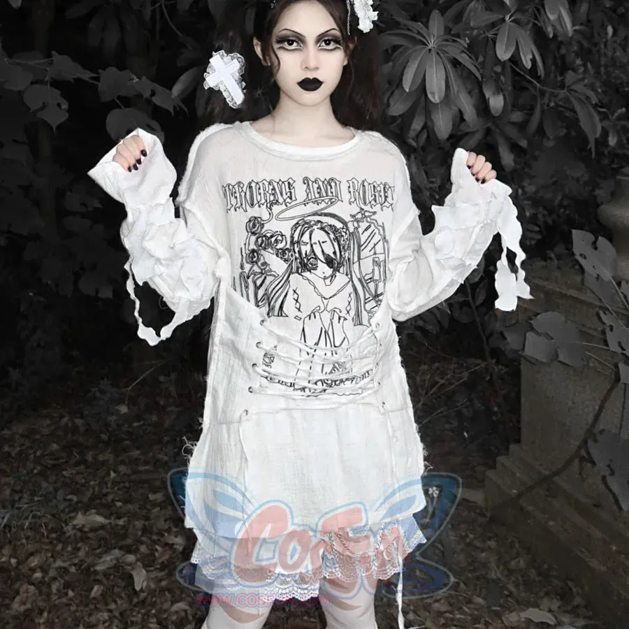 Winter Oversize Cotton Lace-up Long Sleeve Top