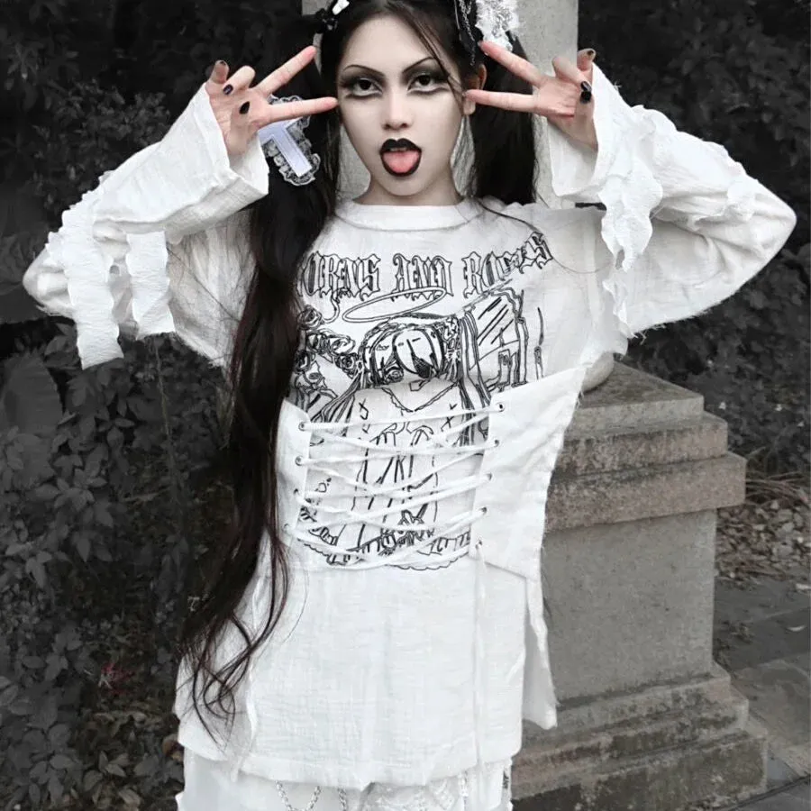 Winter Oversize Cotton Lace-up Long Sleeve Top
