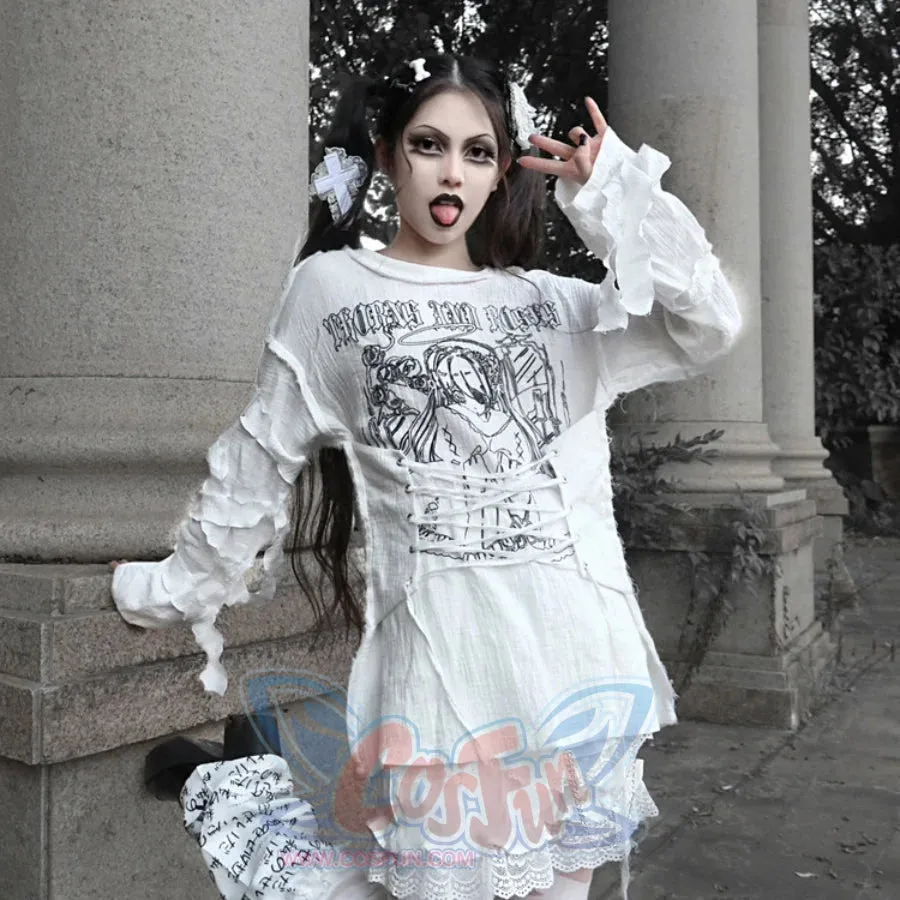 Winter Oversize Cotton Lace-up Long Sleeve Top