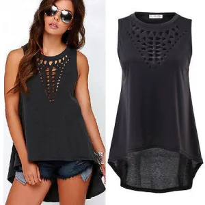 Women Retro Black Hollow Out Tank Tops Vest Sleeveless Casual Loose Shirt Blouse Crochet Tops